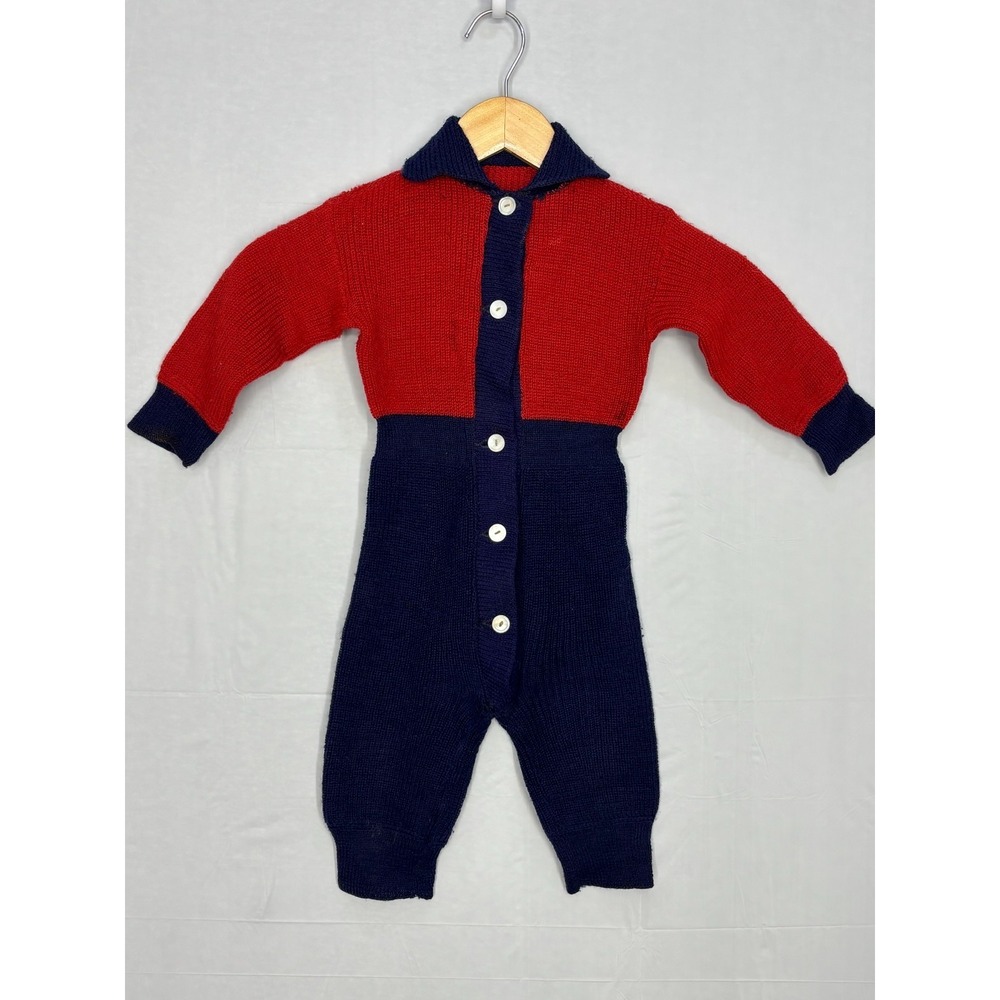 Hand Knitted Infant Romper Baby Red Navy Blue Button Front One‎ Piece Vintage
